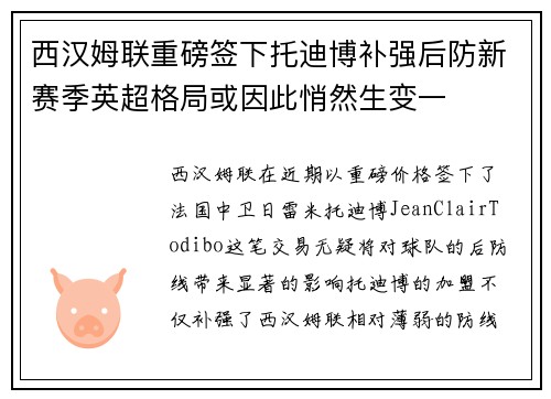 西汉姆联重磅签下托迪博补强后防新赛季英超格局或因此悄然生变一