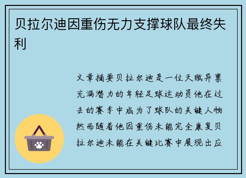 贝拉尔迪因重伤无力支撑球队最终失利