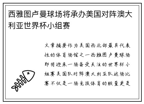 西雅图卢曼球场将承办美国对阵澳大利亚世界杯小组赛 西雅图卢曼球场将承办美国对阵澳大利亚世界杯小组赛