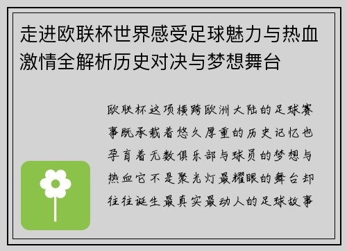 走进欧联杯世界感受足球魅力与热血激情全解析历史对决与梦想舞台